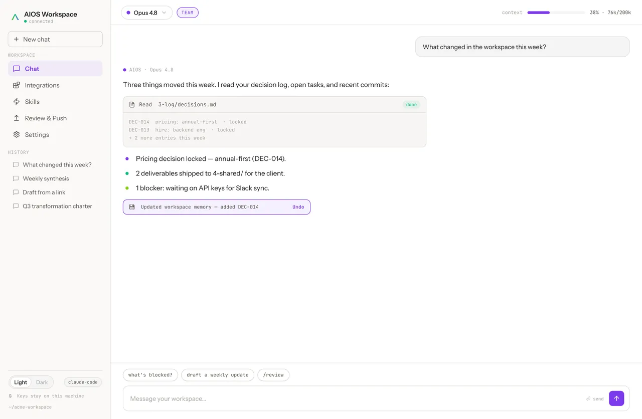 The AIOS workspace: a personal agent workspace with tasks, context and chat