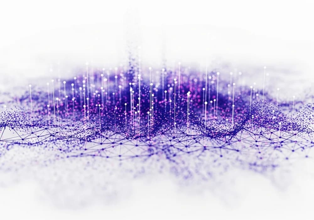 A stable foundation forming as ordered nodes settle out of a particle field.