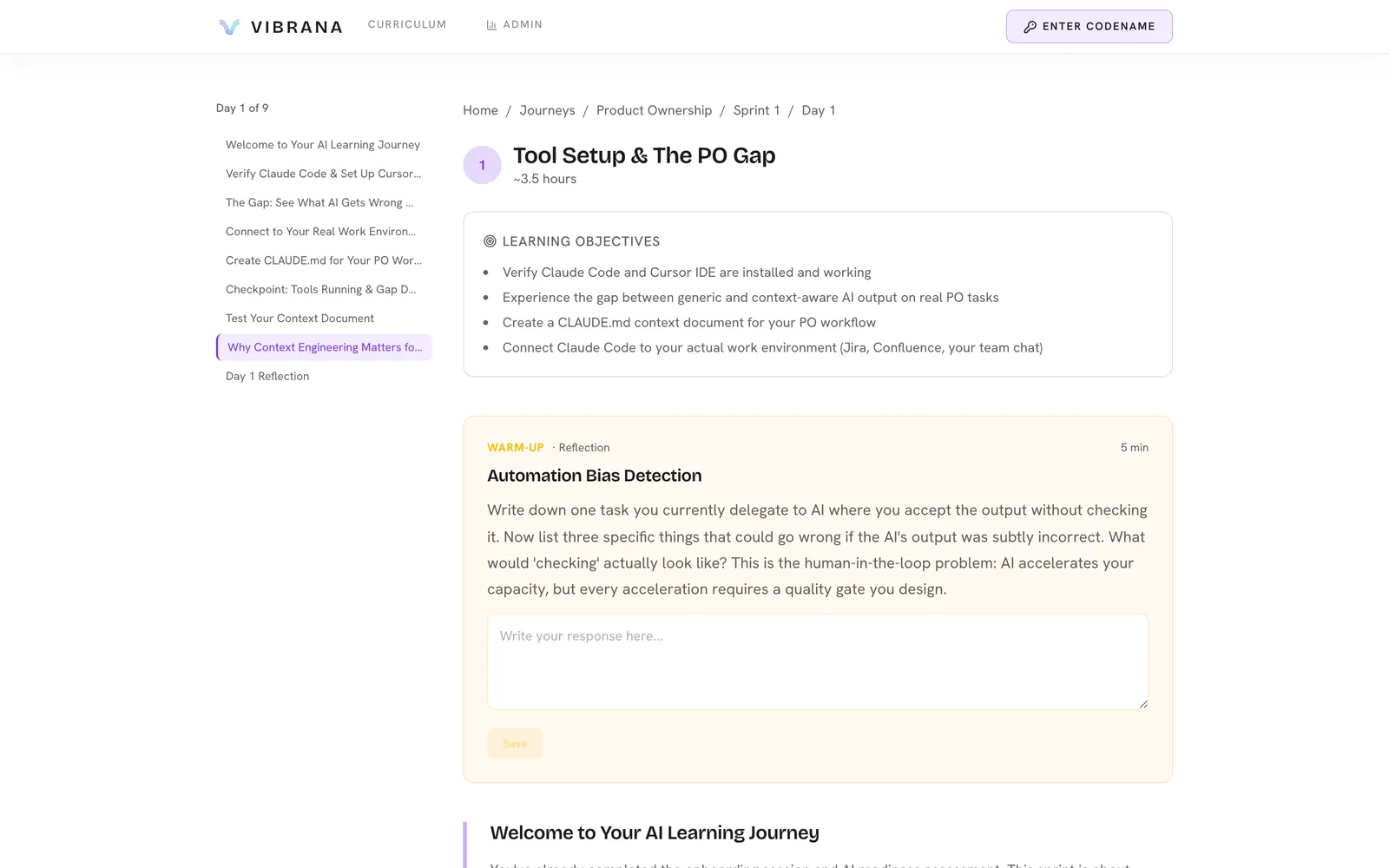 A learner's daily curriculum lesson in the Vibrana platform