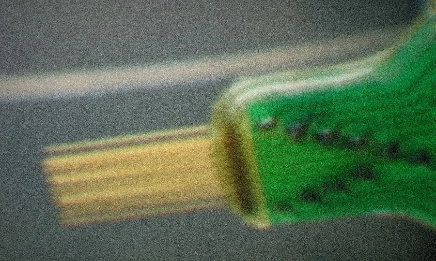 Macro photo of a chronic multi-wire neural electrode array, fine gold-wire threads fanning out from a green PCB connector, evoking a brain-computer interface implant