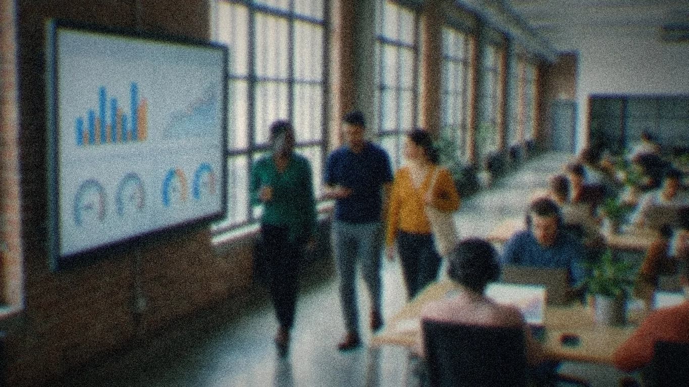Colleagues walking past a wall dashboard of a stalled AI pilot in a large open-plan office