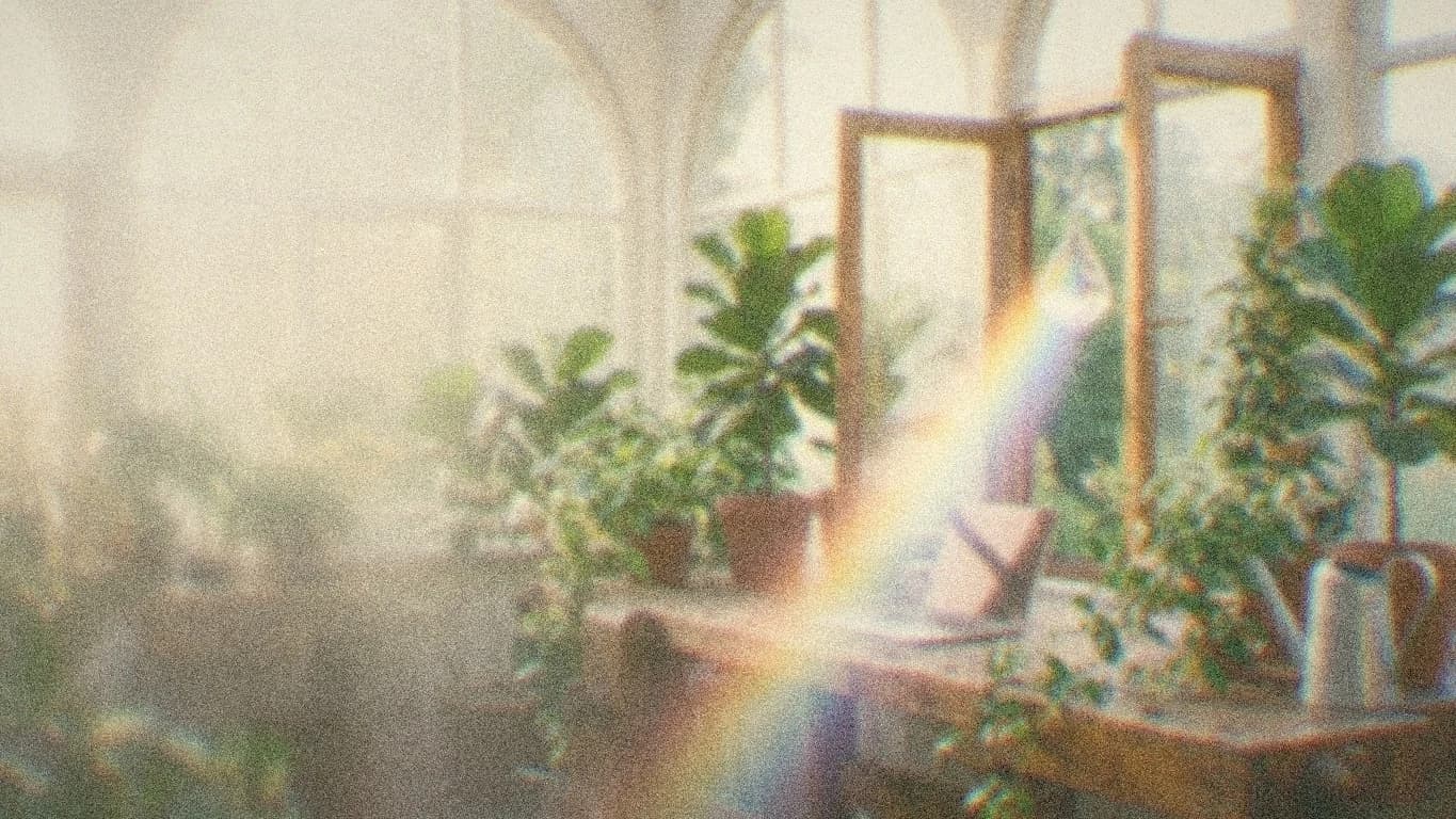 Morning sun through a hanging prism throws a rainbow across a plant-filled workbench and an open laptop: a new thing about to start.