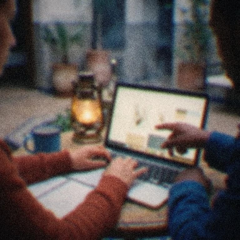 Two pairs of brown hands at one laptop in a lantern-lit courtyard, one typing, one pointing at a prototype taking shape.