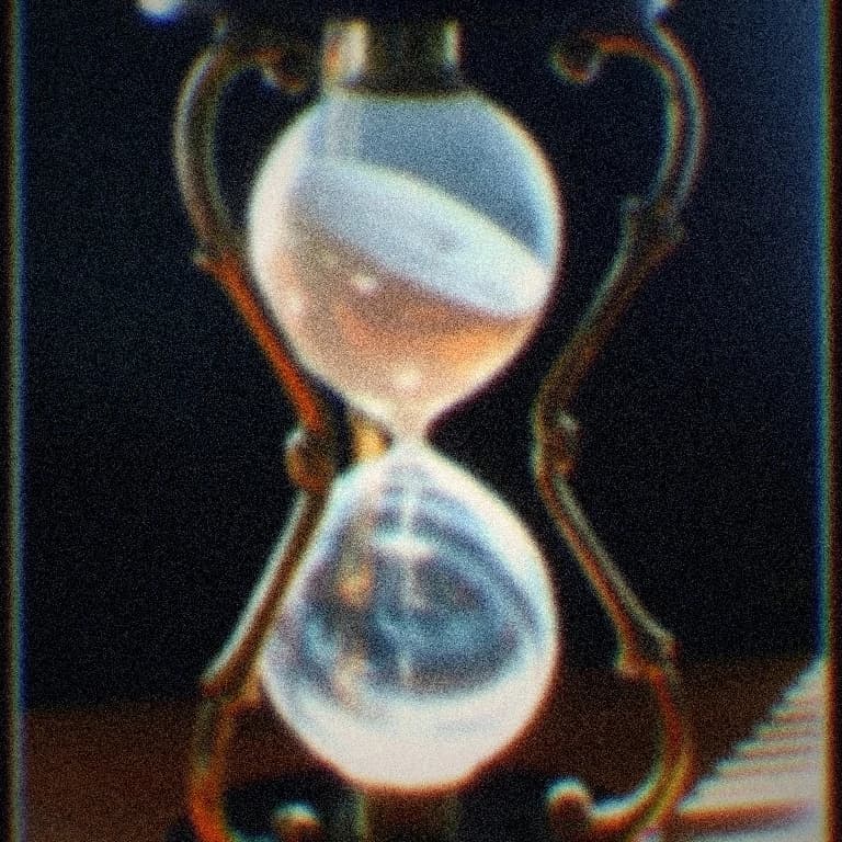 An antique brass hourglass on a sunlit desk, sand running: ten days, counted.