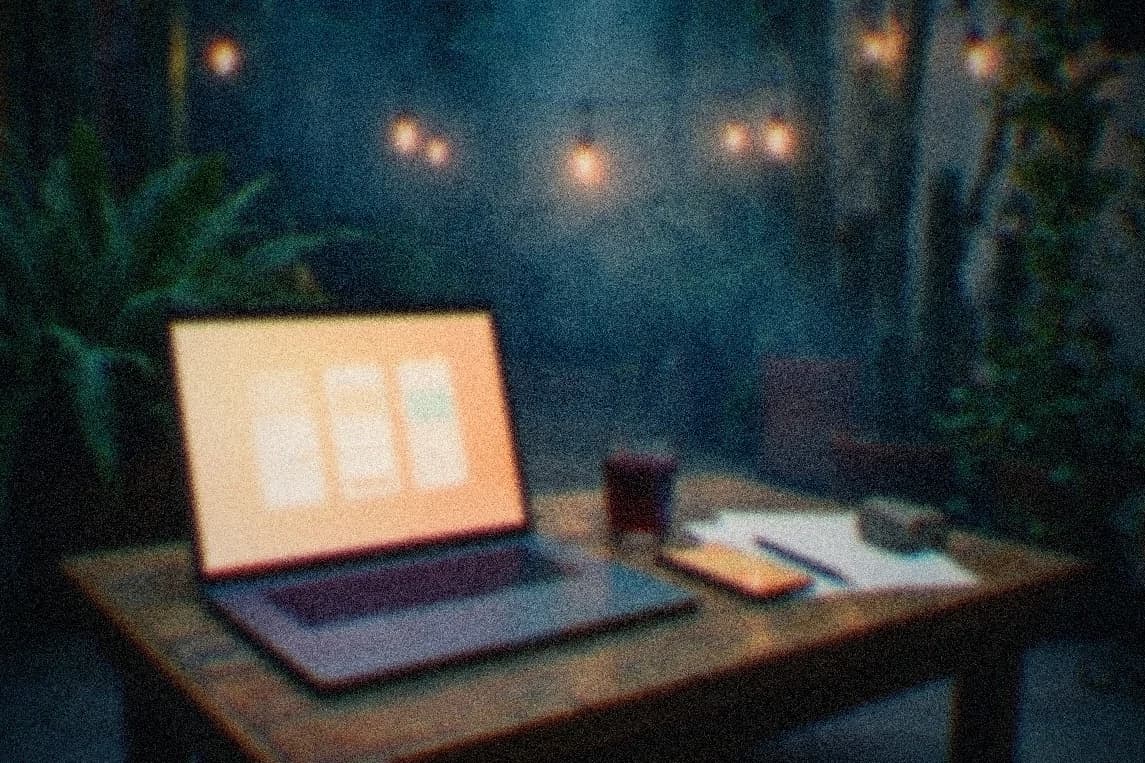 A laptop glowing with an early app prototype in a dusk courtyard studio, wireframe sketches and a phone beside it.