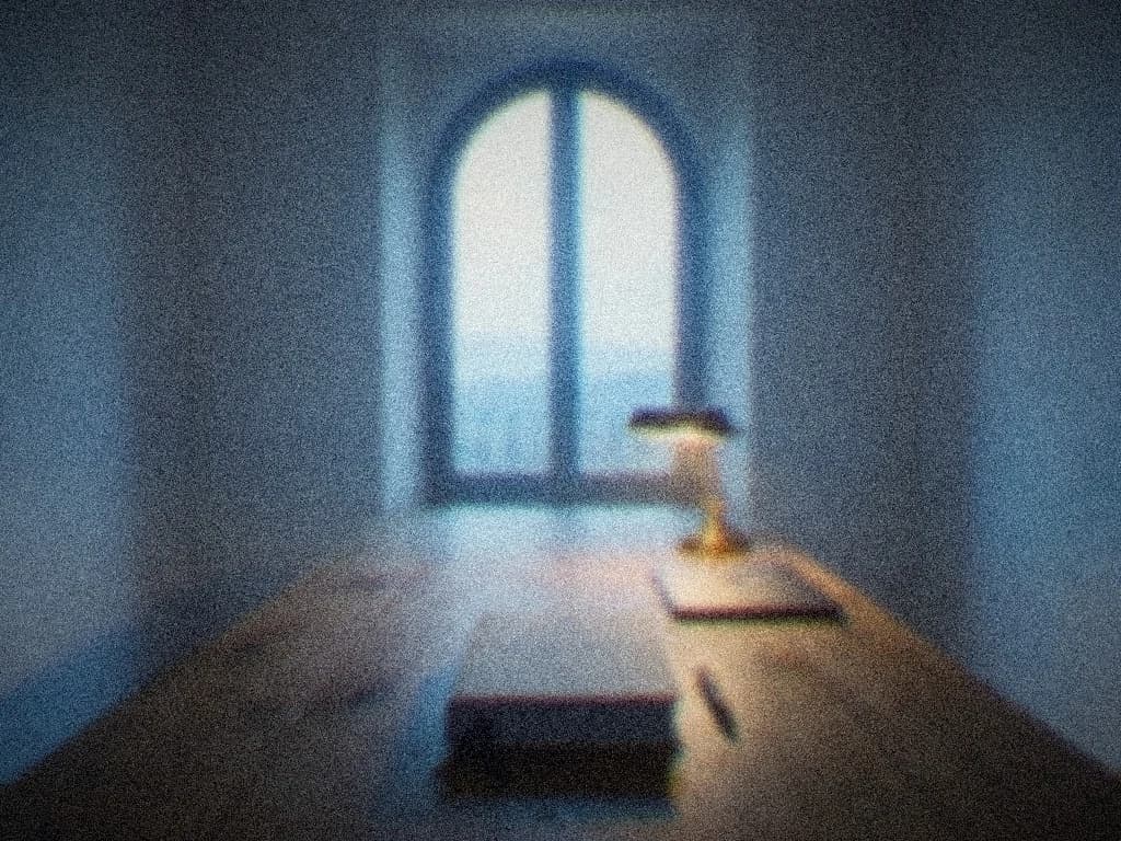 A bound document, pen and closed laptop squared on a long oak table under an arched dawn window: calm structure, quiet trust.