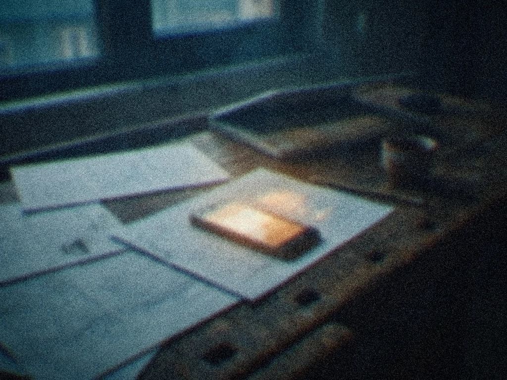 Paper wireframes on a workbench with a phone on top showing the same design come to life, a product taking shape from sketch to screen.