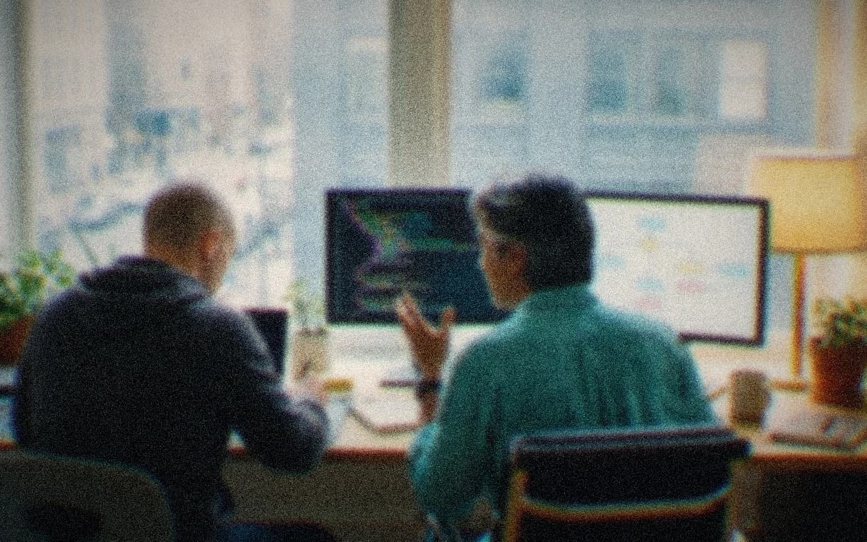 An engineer and a department lead seen from behind at two monitors, one with code and one with a workflow diagram, in a daylight office with a big window and plants.