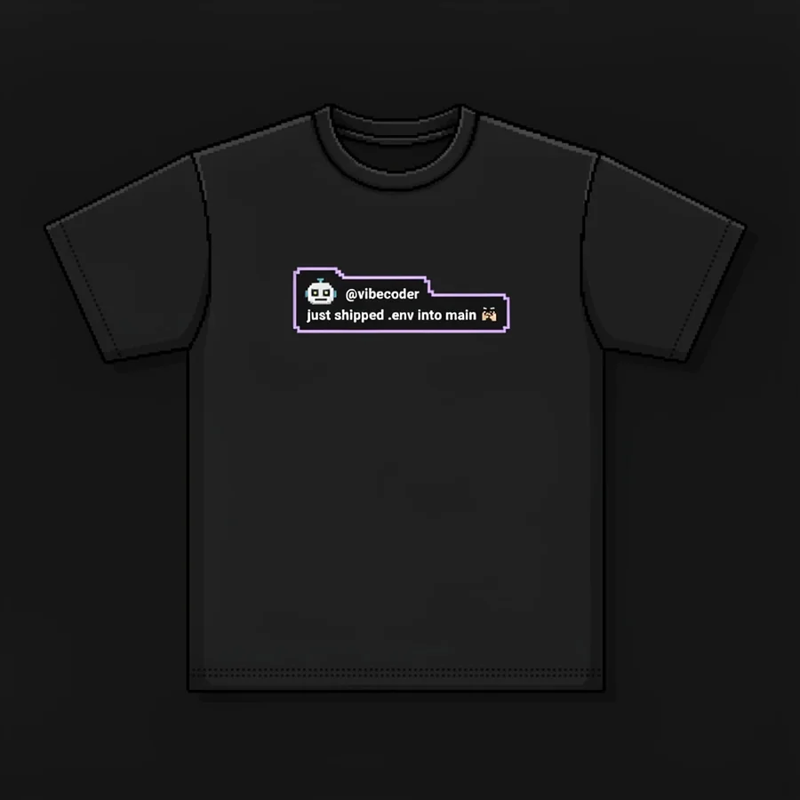 Black t-shirt with a pixel-art tweet card reading "just shipped .env into main"
