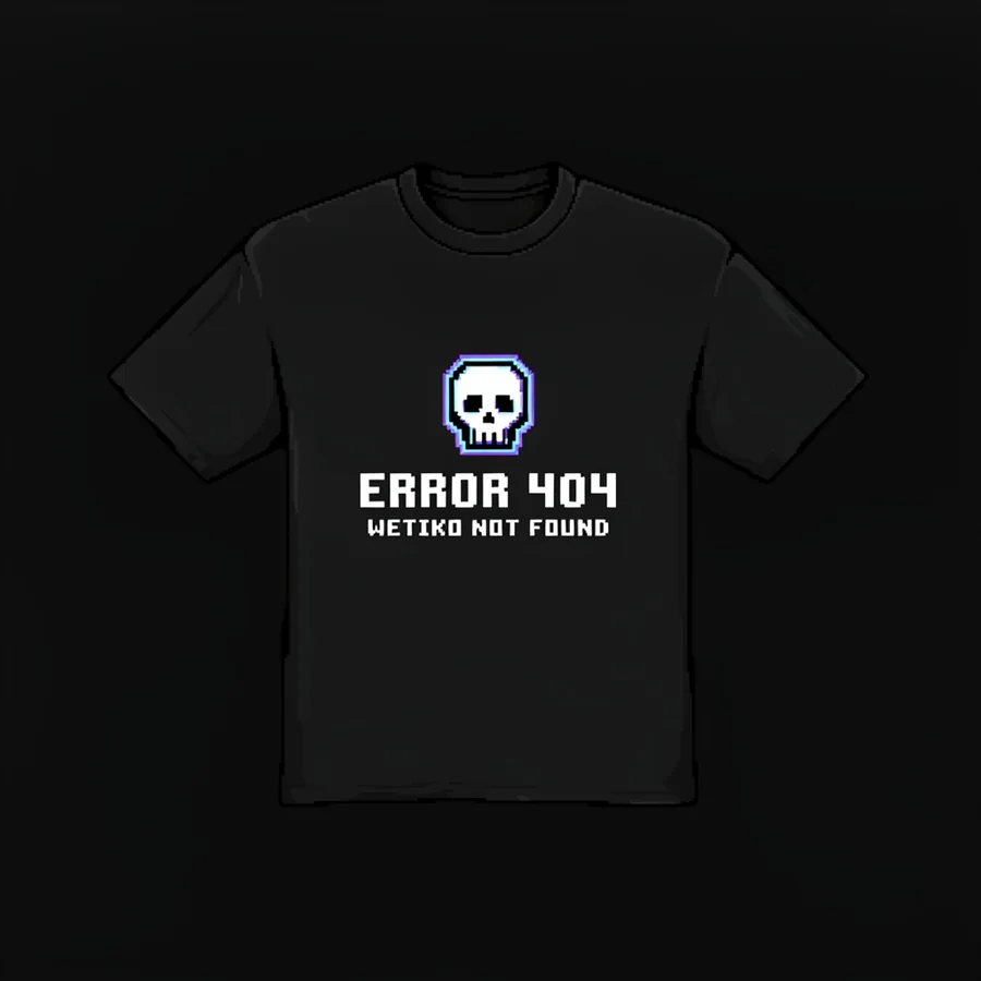 Black t-shirt with a retro pixel-art badge reading "ERROR 404: WETIKO NOT FOUND"