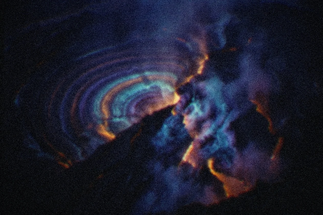 A dark cross-section into the earth's mantle: molten bands of violet, cyan and amber light shearing and rotating against each other along a fracture plane.