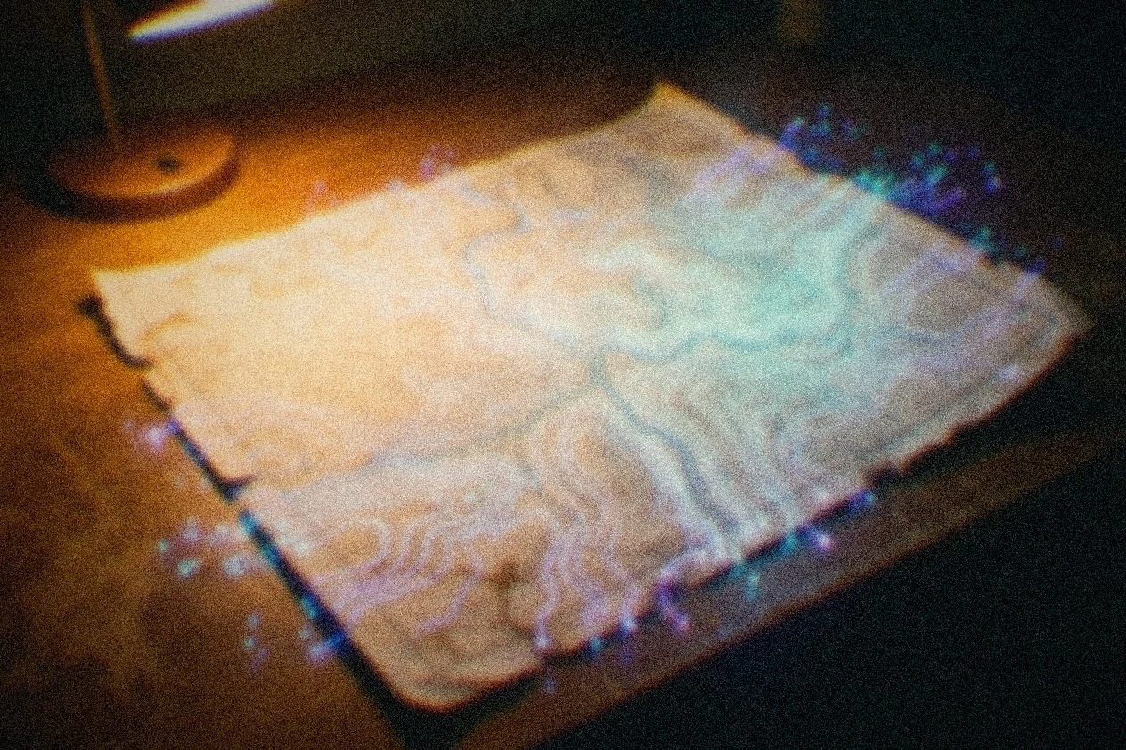 An old paper topographic map with its contour lines partially replaced by glowing violet and cyan digital light, scattering into points of color at the edges, a highlighted topographic map coming alive.