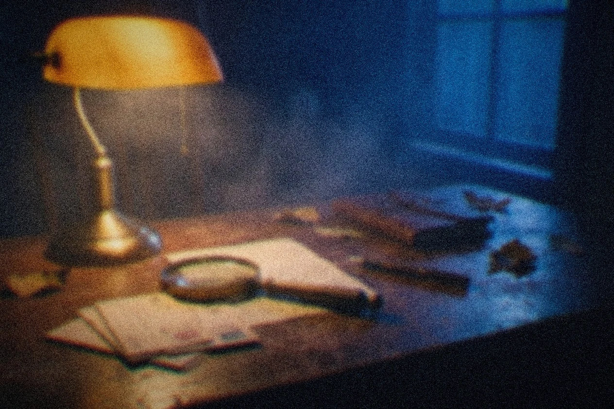 A brass magnifying glass over handwritten field notes on a worn wooden desk, one lens catching lamplight, the rest of the desk in blue-hour shadow.