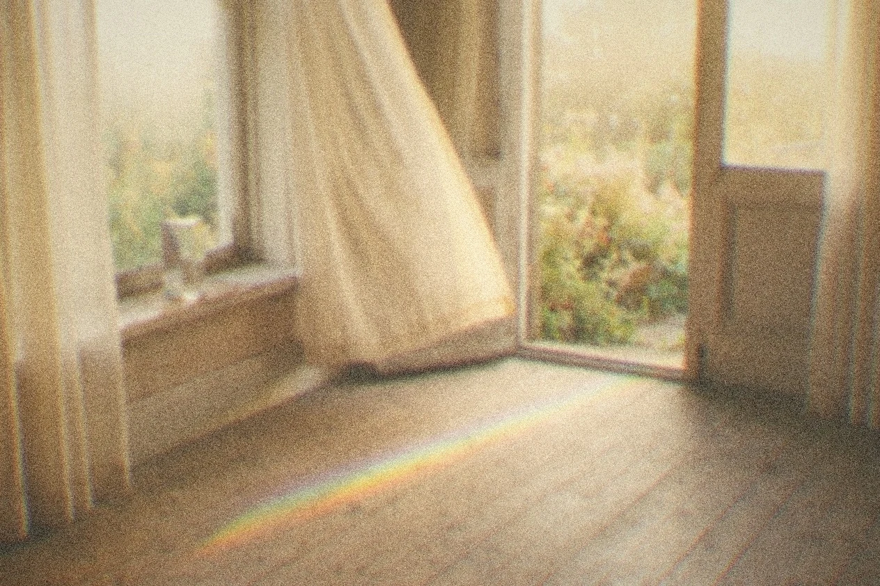 A crystal prism on a windowsill catching first dawn light, casting a rainbow path across an empty wooden floor toward an open door.