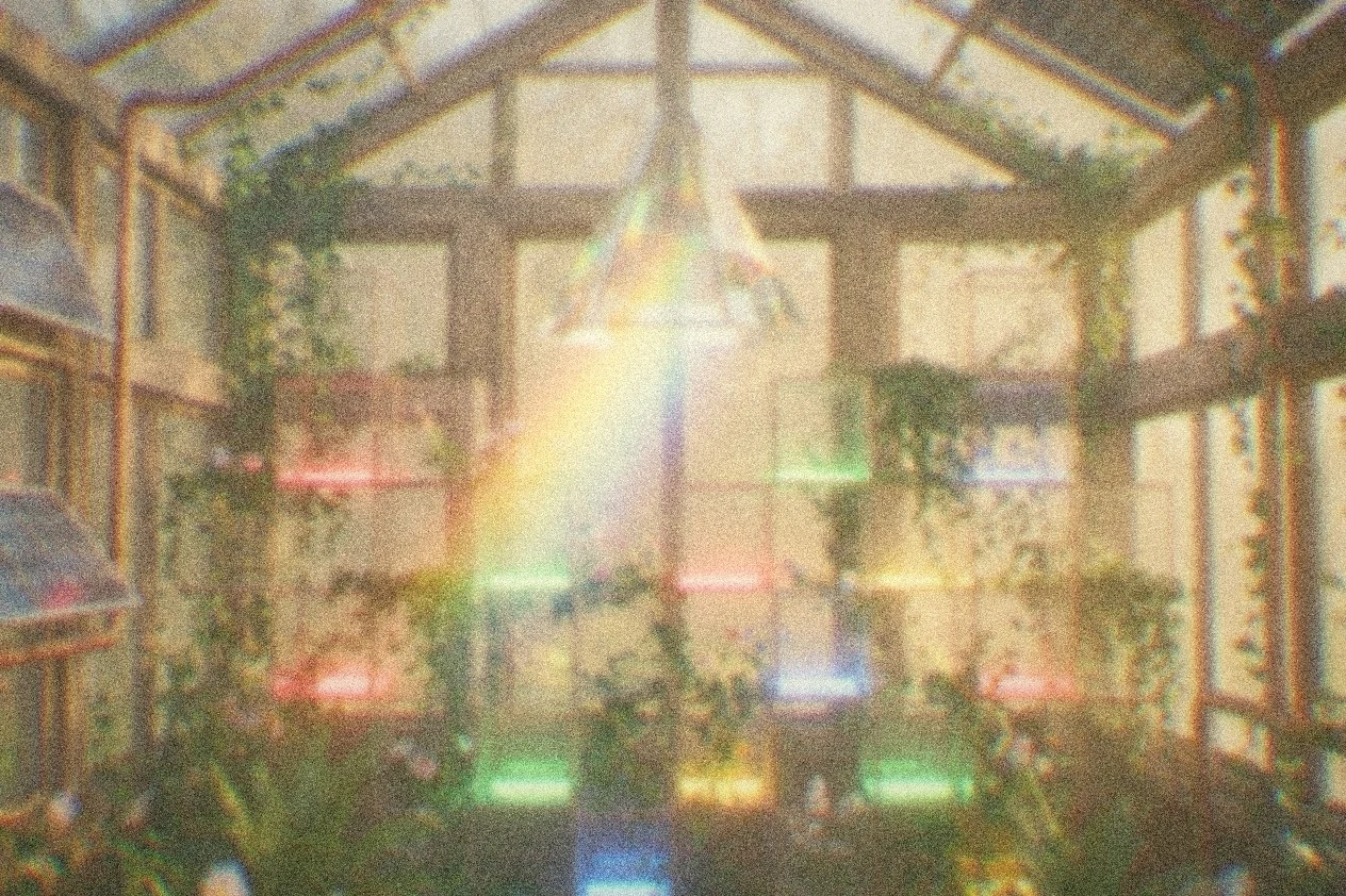 Sunlight through a crystal prism into a grid of separate glass compartments, each holding a different colored light, among leaves.
